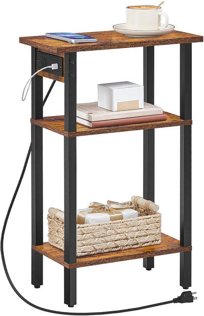 HOOBRO Narrow Side Table, 3-Tier Slim End Table with Charging Station, Skinny Nightstand with Open Storage, for Small Spaces, Living Room, Bedroom, Study, Rustic Brown and Black BF340UBZ01