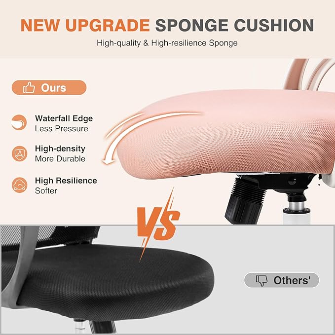 Sweetcrispy Office Computer Desk Chair, Ergonomic High-Back Mesh Rolling Work Chairs with Wheels and Adjustable Headrests, Comfortable Lumbar Support, Comfy Flip-up Arms for Home, Bedroom, Study, Pink