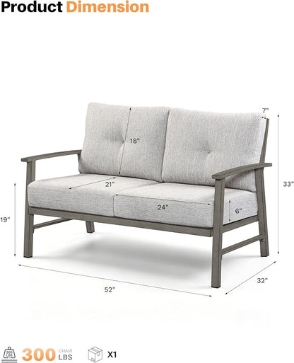 Patio Furniture Loveseat Sofa, Outdoor Aluminum Couch with 5.9'' Soft Cushion, All-Weather Outdoor 2 Seats Patio Furniture Sofa Couch for Garden, Poolside, Lawn, Limed Oak