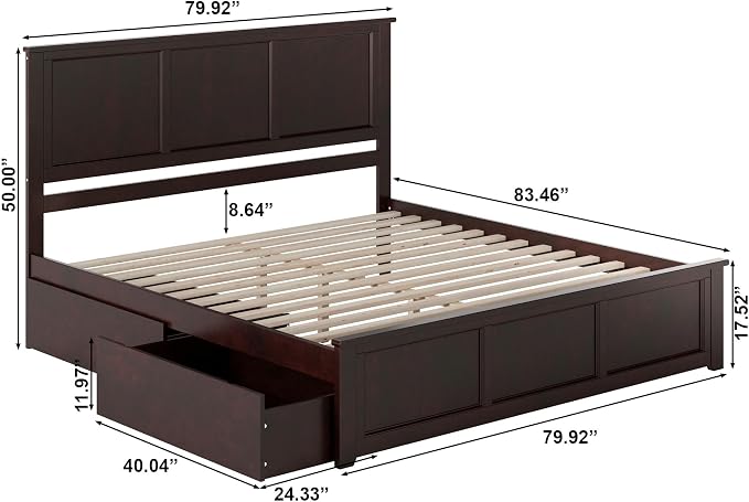 AFI, Madison King Solid Wood Platform Bed with Matching Footboard & Storage Drawers, Espresso