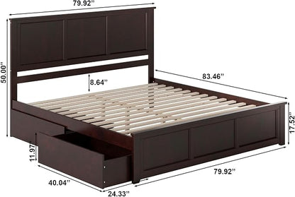 AFI, Madison King Solid Wood Platform Bed with Matching Footboard & Storage Drawers, Espresso