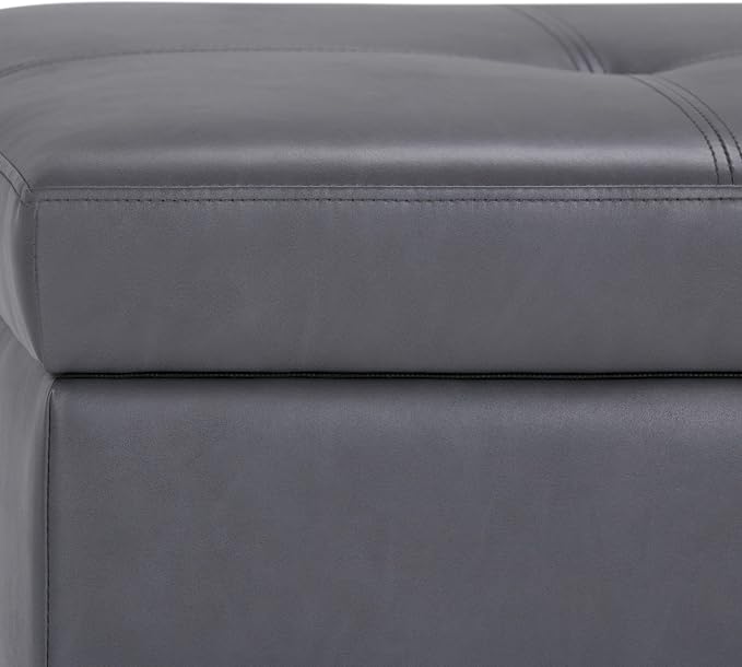 SIMPLIHOME Oregon Storage Ottoman Bench with Tray - 42 inch Wide Upholstered Vegan Leather Rectangle Storage Ottoman Bench in Stone Grey, Transitional Tufted Ottoman for Living Room with Lift-Up Lid