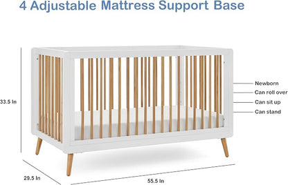 Tatum 3-in-1 Convertible Crib, White/Natural Finish, Solid Wood, Adjustable Mattress Height, Converts to Toddler Bed & Daybed, Fits Standard Full-Size Crib Mattress