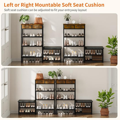 Shoe Rack Bench Shoe Rack for Entryway, Cushioned Entryway Shoe Storage with 2 Drawers & 5-Tier Organizer, Metal Frame Wood Top Narrow Space-Saving Hallway Organizer for Closet & Front Door