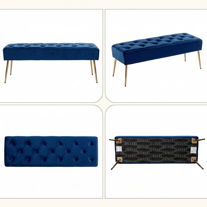 DUHOME Button-Tufted Ottoman Bench, Upholstered Bedroom Benches Velvet Footrest Stool Dining Bench Accent Bench for Entryway Dining Room Living Room Bedroom, Dark Blue