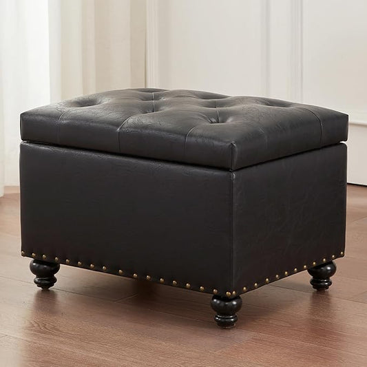 Zihanhome Leather Ottoman with Storage, Upholstered Button Tufted Ottoman Foot Rest, Foot Stools, 24" Rectangle Ottomans with Storage for Living Room, Bedroom, Dorms and Apartments (Black-PU)