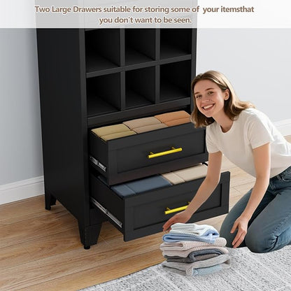 Metal Tall Narrow Storage Cabinet, Freestanding Floor Cabinet with Drawers and Adjustable Shelves, Pantry Storage Cabinet for Bathroom, Living Room, Entryway and Kitchen
