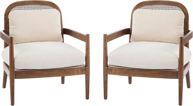Christopher Knight Home Nadine Wooden Club Chairs Set of 2, Club Chair, Rattan Open Back Armchair, Accent Reading Sofa Chair with Cushions, Accent Chairs Set for Living Room Bedroom, Beige Stripe