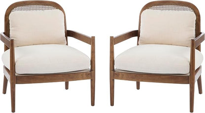 Christopher Knight Home Nadine Wooden Club Chairs Set of 2, Club Chair, Rattan Open Back Armchair, Accent Reading Sofa Chair with Cushions, Accent Chairs Set for Living Room Bedroom, Beige Stripe