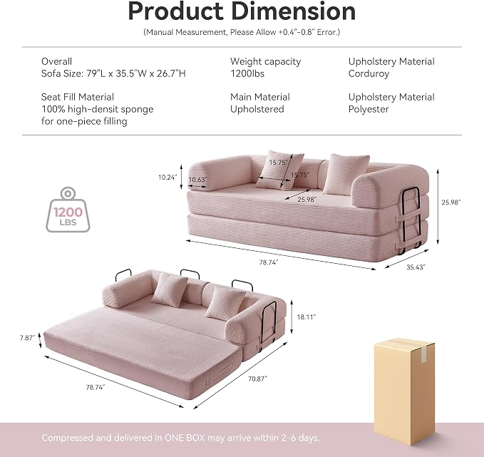 Compression Sofa, Cloud Sectional Sofa,Sofa Bed, Boneless Modular Sectional Sofa with 2 Pillow, Comfy Fluffy Couch with Futon Bed, Perfect for Living Room, Small Space