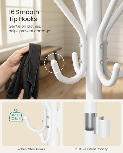 SONGMICS Coat Rack Freestanding with 16 Hooks, Metal Coat Tree Stand with 4 Adjustable Feet, Clothes Hanger Stand for Entryway Bedroom Living Room Hallway Office, Cloud White URCR083WC01S