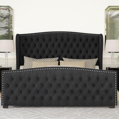 AMERLIFE California King Size Platform Bed Frame, Velvet Upholstered Bed with Deep Button Tufted & Nailhead Trim Wingback Headboard/No Box Spring Needed,Black
