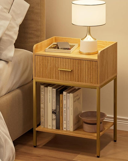 Nightstand, 3-Tier Bed Side Table, Small End Table, Night Stand with Open Shelf and Drawer, Bedside Table for Bedroom, Living Room, Oak