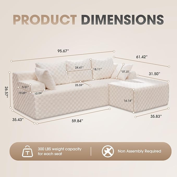 Hobestluk Boneless Couch Modular Sectional Sofa L-Shape Couch 3 Seat Modular Couch Memory Foam Sectional Couches for Living Room Furniture, Cloud Couch with Chaise Lounge (96" Right Facing Chaise)