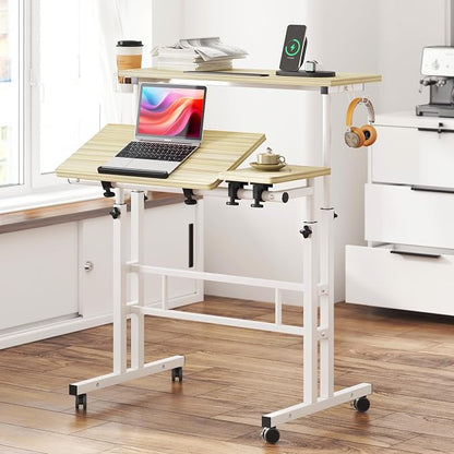 SogesHome 31.5 inch Mobile Standing Desk Adjustable Computer Desk Rolling Laptop Cart Portable Laptop Stand on Wheels Home Office Workstation with Cup Holder,Headphone Holder, Upgrade Maple