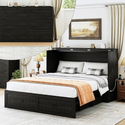 Full Murphy Bed with Storage & Charging Station, Farmhouse Murphy Cabinet Bed with Large Drawer, Hideaway Foldable Platform Bed for for Guest Room, Bedroom, Home Office, Black