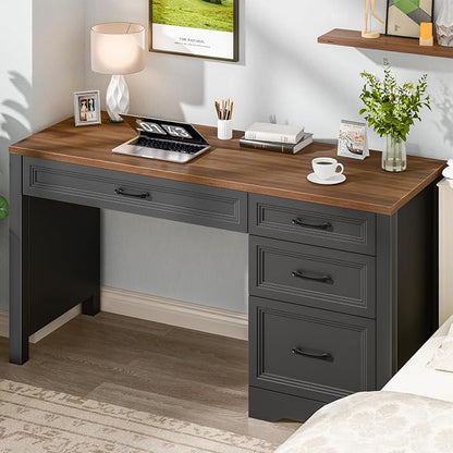 Vabches Farmhouse Executive Desk with Storage and Ample File Drawer, Rustic Large Home Writing Desk for Bedroom, Dark Brown