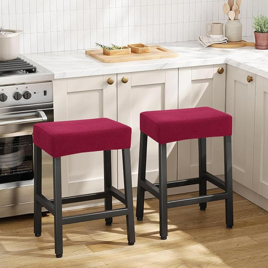 YISUN Stool Covers Rectangle - 2 Pack Stretch Waterproof Saddle Seat Cover Counter Bar Stools Bar Chairs Covers Kitchen Island Chairs Cushion Protector (2, Wine Red)