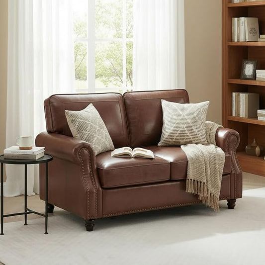Kingfun Small Leather Loveseat, 57.9" Mid Century Modern Leather Couch for Living Room, Bedroom, Office, Love seat Sofas, Mini Sofa with Rolled Arms and Nailhead Trim, Dark Coffee