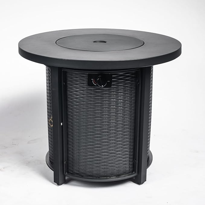 GDFStudio 30" Round Propane Fire Pit Table, 50000 BTU Outdoor Gas Heater with Steel Top & Wicker Base, for Patio, Deck, Garden, Black