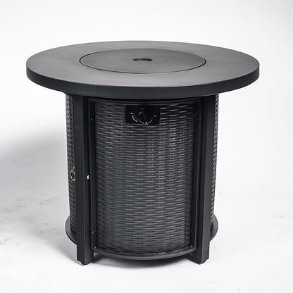 GDFStudio 30" Round Propane Fire Pit Table, 50000 BTU Outdoor Gas Heater with Steel Top & Wicker Base, for Patio, Deck, Garden, Black