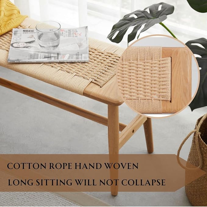 31.5'' Woven Dining Beach with 100% Solid Oak Wood Bench Frame, Hand Knitted Rope Designed Bed End Shoe Bench for Kitchen Bedroom Entryway, Beige