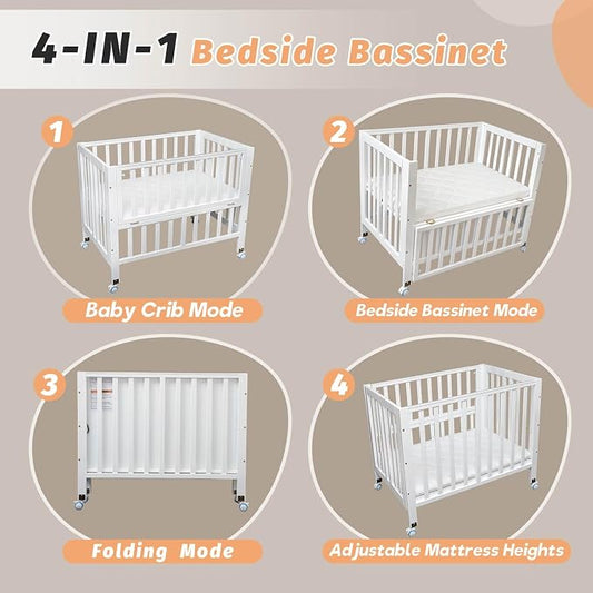 Flwrgirl Folding Wood Bedside Bassinet - Portable 4-in-1 Baby Bassinet with Breathable Mattress,3 Heights Baby Crib with Wheels,Mini Crib for Infant Newborn and Small Space,White