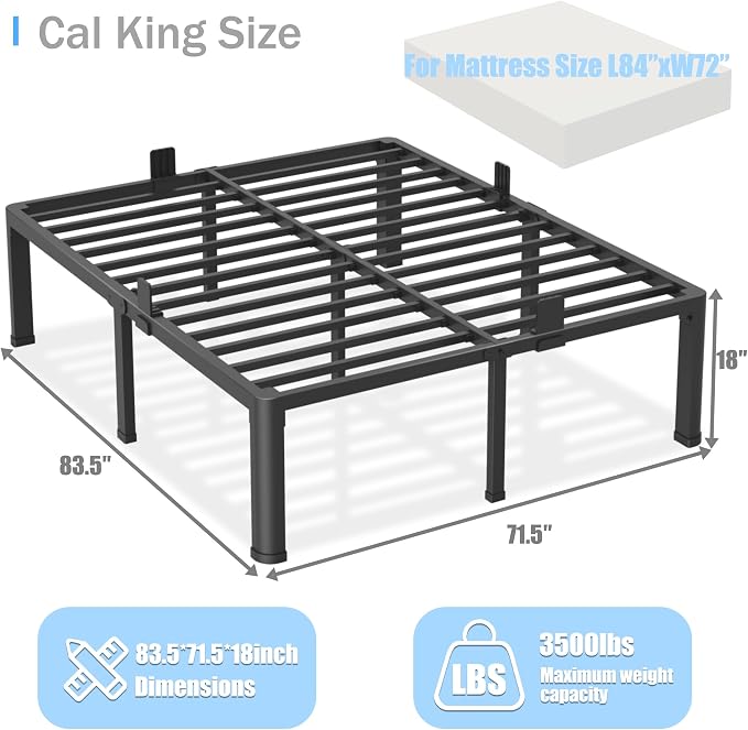 Yitong Angel 18 inch California King Bed Frame with Round Corner Legs Mattress Slide Stopper,3500 lbs Heavy Duty Metal Platform,Steel Slat Support,No Box Spring Needed,Easy Assembly,Noise Free