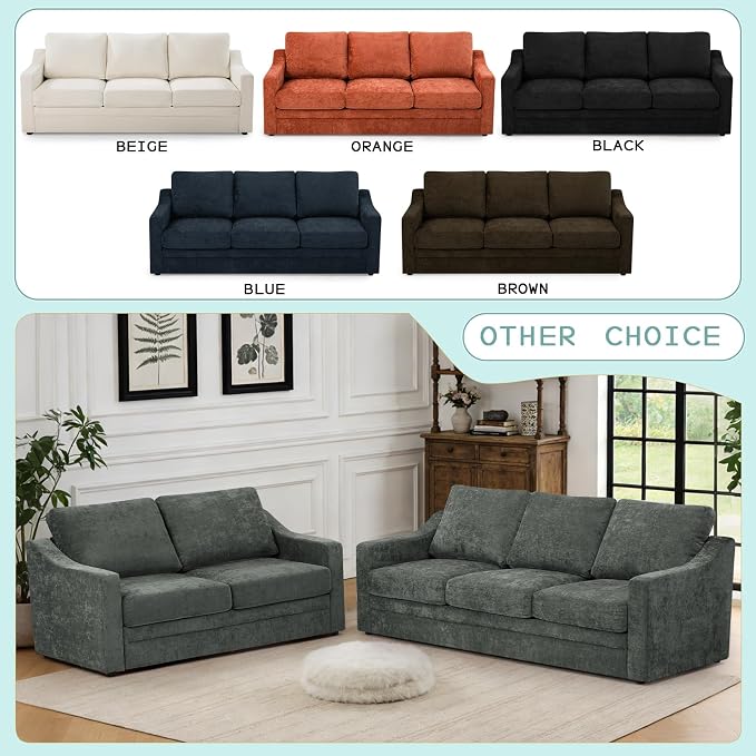 83” Chenille 3 Seats Sofa w/Comfortable Back Cushions, Grey | Modern Couch w/Deep Seat Space, Upholstered 8 Seater Sofa w/High Resiliency Foam for Living Room