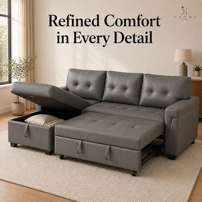 Naomi Home 84" L-Shaped Sectional Sleeper Sofa with Pull Out Bed | Sleeps Guests Comfortably, Stores Essentials in Chaise & Saves Space, Air Leather, Gray Convertible Sofa Bed