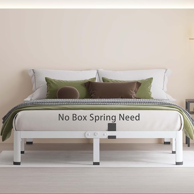 MAF 10 Inch King Size Bed Frame White with Round Corner Legs Mattress Slide Stopper No Box Spring Needed Heavy Duty Metal Platform Bed Frames Under-Bed Storage Space, 3000 LBS Steel Slats Support