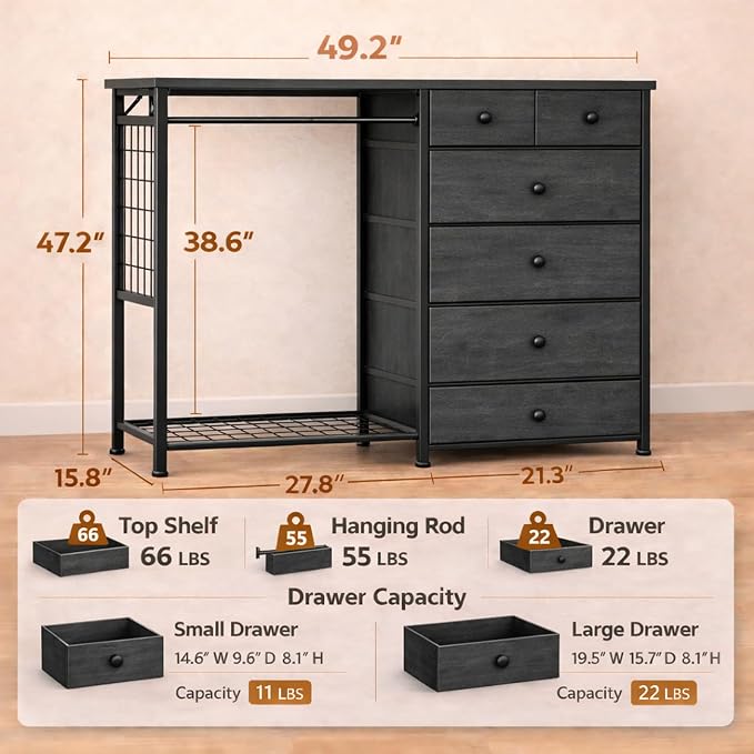 Simple Deluxe Storage Clothes Rack with 6 Drawers, Charging Station & LED Lights, Fabric Chest Shelves Clothing Rack, Wooden Portable Wardrobe Closet, 49.2" W x 15.7" D x 47.2" H, Gary