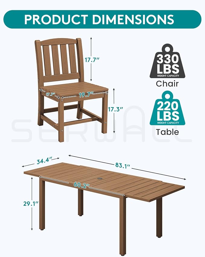 SERWALL 10-Piece Patio Dining Sets with 15FT Patio Umbrella, Brown | 60" - 83" Expandable Outdoor Dining Table and 8 HDPE Chairs, All Weather HDPE Outdoor Furniture Set