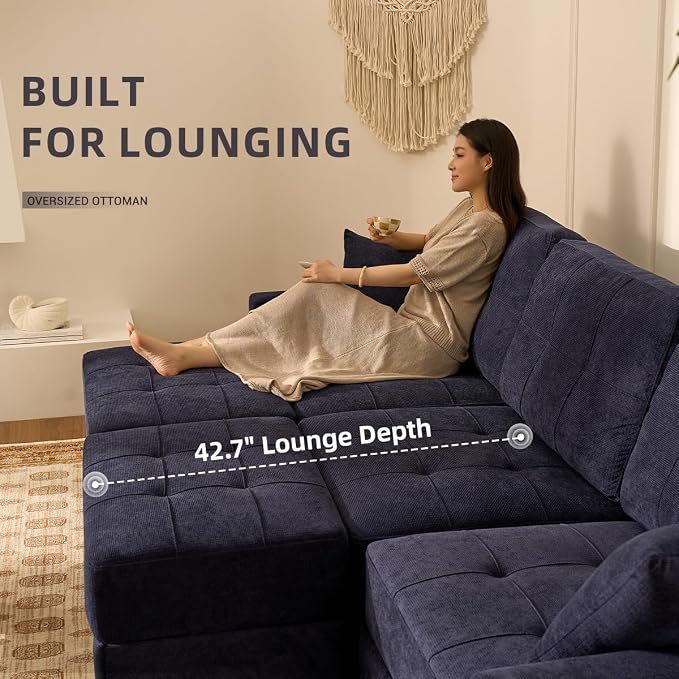 112" U Shaped Modular Cloud Sectional Couch, Waffle Fabric, Navy | Modular Deep Seat Sofa, Movable Ottoman, Pocket Spring Cushions, 2-Box Delivery, Living Room Lounge Use, Not Boneless