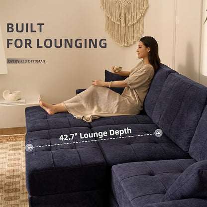 112" U Shaped Modular Cloud Sectional Couch, Waffle Fabric, Navy | Modular Deep Seat Sofa, Movable Ottoman, Pocket Spring Cushions, 2-Box Delivery, Living Room Lounge Use, Not Boneless