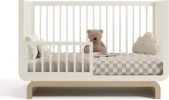 Storkcraft Santorini 5-in-1 Convertible Crib with Toddler Guardrail – GREENGUARD Gold Certified, Conversion Kit Included, 100% Solid Wood, Fits Standard Crib Mattress (Frosted Oat and Driftwood)