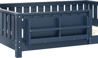 Bellemave Full Size Floor Bed with Slats and Guardrails, Full Size Montessori Floor Bed with Bookcase and Fence, Low Profile Montessori Beds for Kids, Blue Floor Beds Frame
