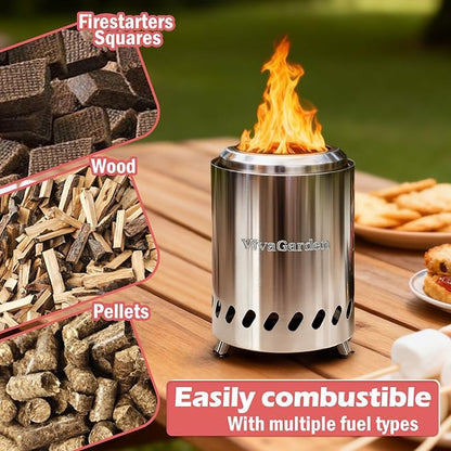 Tabletop Fire Pit Low Smoke Burning, VivaGarden Smokeless Firepit Outdoor & Patio, Safe Burning Portable Mini Table Top Firepit with Carry Bag, Silver (7.8 x 5.6 inch)