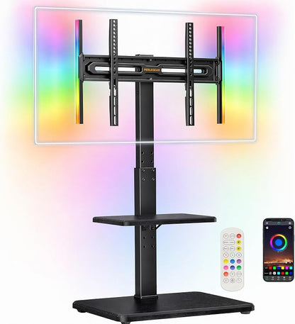 Perlegear Floor TV Stand with LED Lights for 34-75 inch TVs up to 110 lbs, Max VESA 600x400mm, Swivel, Tilt, 12 Height Levels, TV Backlights with Music Sync, Solid Wood Base, PGFS21B
