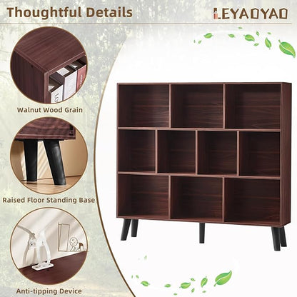LEYAOYAO 10 Cube Bookshelf,3 Tier Modern Wide Bookcase with Legs,Mid-Century Wood Bookshelves Storage,Mint-Walnut Large Book Case,Freestanding Organizer Display Shelf for Bedroom,Living Room,Office