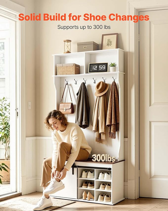 VEVOR Hall Tree with Bench and Shoe Storage, 42" Wide, Entryway Hall Tree with Bench, Hanging Hooks, Storage Shelves, Adjustable Shoe Shelves, Wooden Furniture for Mudroom, Entryway, Hallway, White