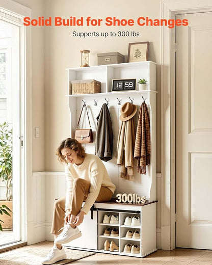 VEVOR Hall Tree with Bench and Shoe Storage, 42" Wide, Entryway Hall Tree with Bench, Hanging Hooks, Storage Shelves, Adjustable Shoe Shelves, Wooden Furniture for Mudroom, Entryway, Hallway, White