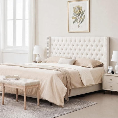 Madison Park Queen Wingback Upholstered Tufted Headboard, Featuring High-Density Sponge Padding, Adjustable Height Headboard, Easy Assembly, Beige Velvet