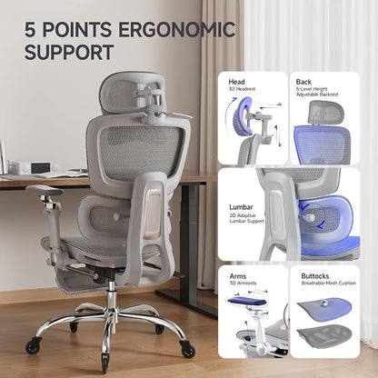Office Chair with Footrest, Ergonomic Chair with 3D Headrest, Computer Chair with Adjustable Backrest & 6D Armrest, Gaming Chair with Adaptive Lumbar Support, Adjustable Seat Depth, Grey
