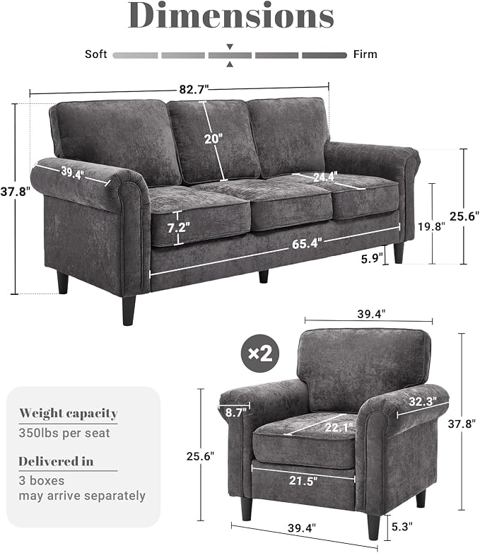 Kingfun 3 Seater Couch, Mid Century Modern Sofa Set with Rolled Arms and Deep Seats, Fluffy Comfort for Living Room, Apartment, Easy Assembly, Gray
