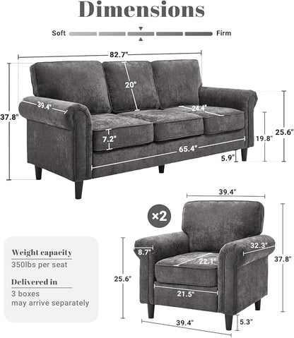 Kingfun 3 Seater Couch, Mid Century Modern Sofa Set with Rolled Arms and Deep Seats, Fluffy Comfort for Living Room, Apartment, Easy Assembly, Gray