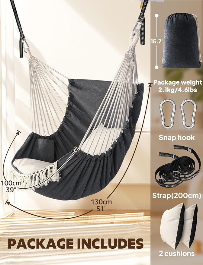 Chihee Hammock Chair Hanging Swing 2 Pillows Included,Strong Webbing Straps and Hooks for Easy Hanging Soft Cotton Hanging Chair Side Pocket Tassel Chair Comfort Indoor Outdoor Dark Grey