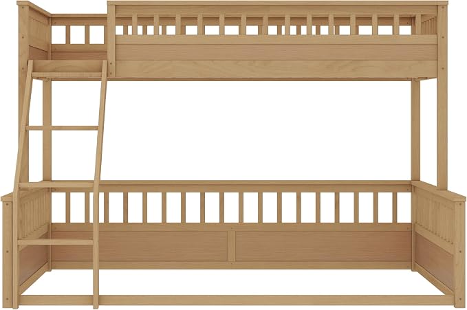 RUNNA Twin XL Over Queen Bunk Bed, Detachable, Ladder, Natural | Twin XL over queen bunk bed, detachable design, ladder, guardrails, solid wood frame, no box spring needed, rustic natural