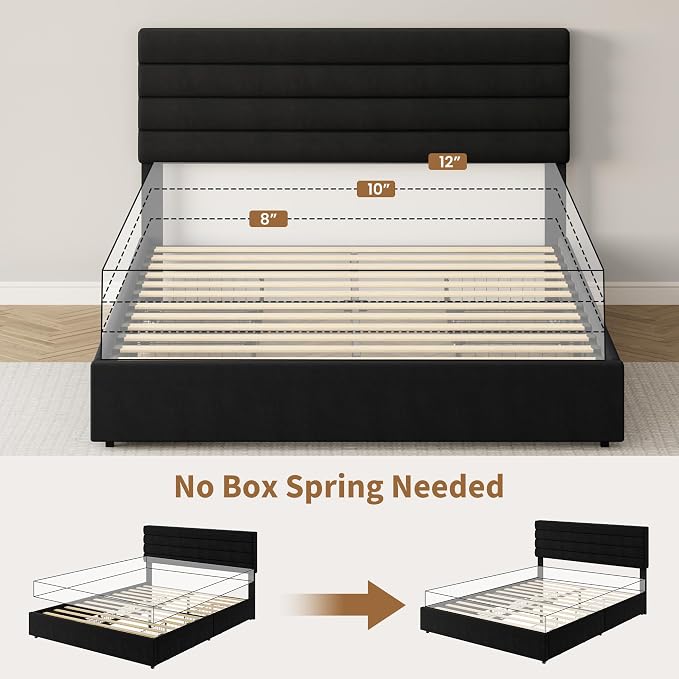 Garvee Full Size Bed Frame, Velvet Upholstered Platform Storage Bed with 4 Drawers, Wooden Slats Support, No Box Spring Needed, Easy Assembly, Black