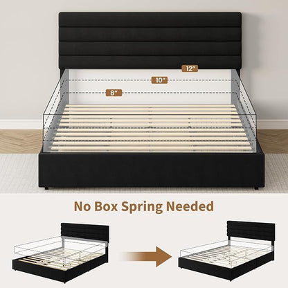 Garvee Queen Size Bed Frame, Velvet Upholstered Platform Storage Bed with 4 Drawers, Wooden Slats Support, No Box Spring Needed, Easy Assembly, Black